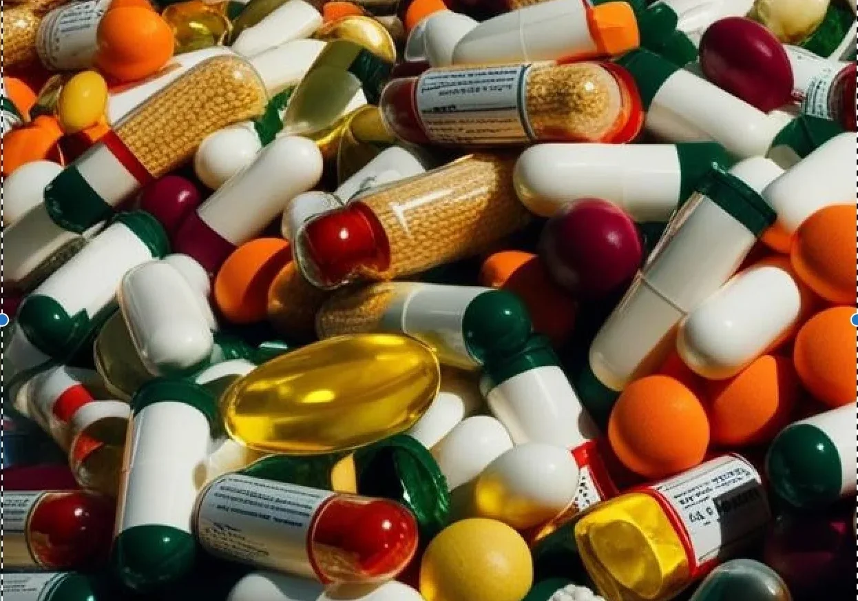 A colorful assortment of various capsules and tablets scattered randomly.