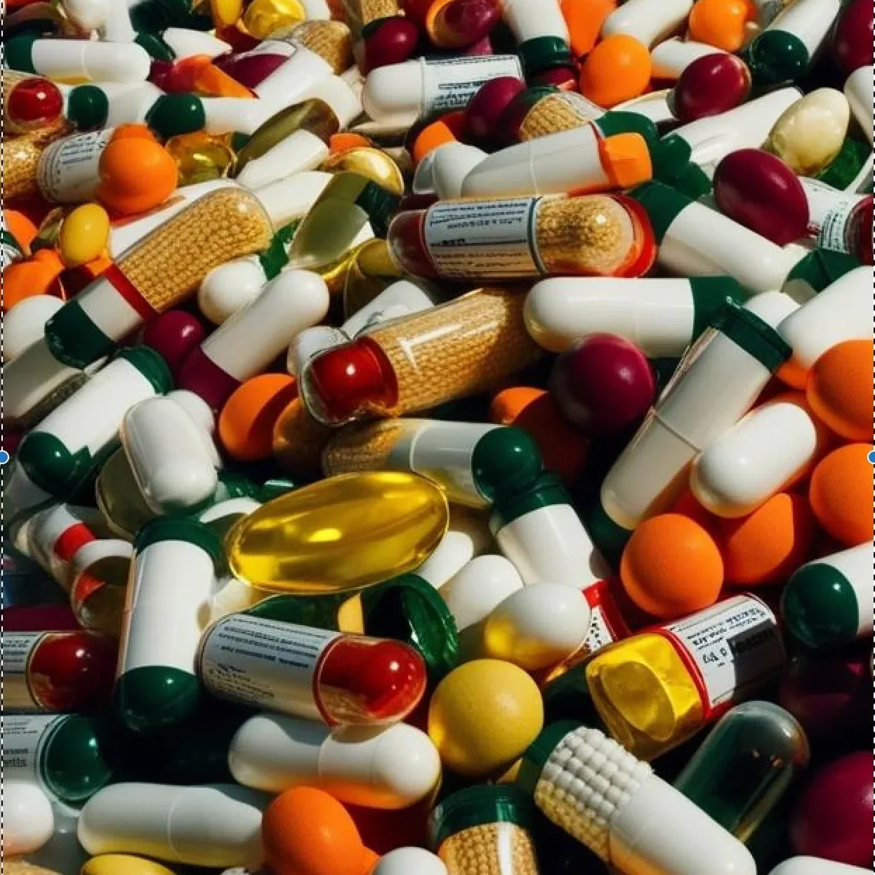 A colorful assortment of various capsules and tablets scattered randomly.
