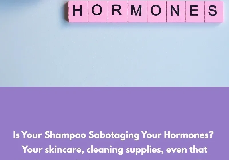 Scrabble tiles spell "HORMONES" with a purple flower on a blue background.