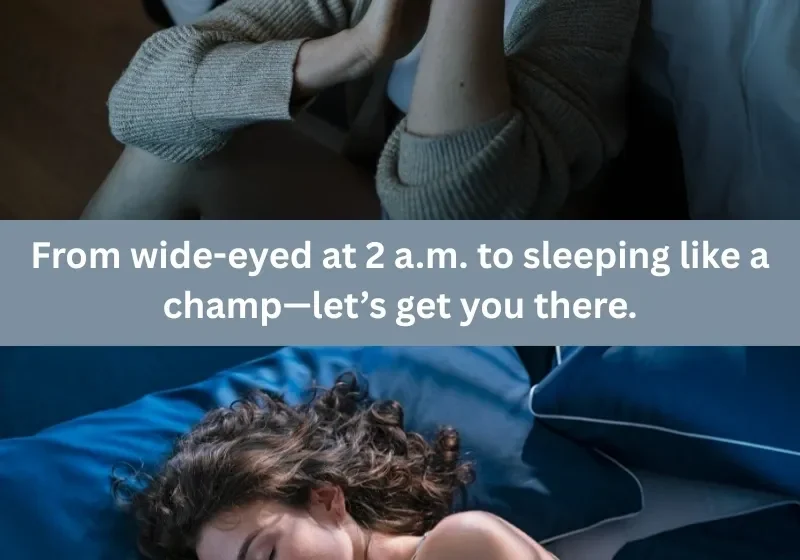 Two images showing wide-eyed insomnia and peaceful sleep.