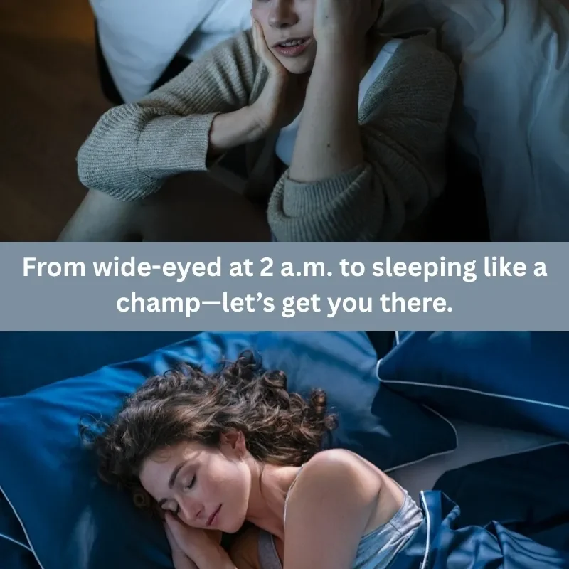 Two images showing wide-eyed insomnia and peaceful sleep.