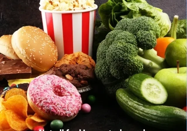 Healthy vegetables and junk food side by side with caption 'Not all fuel is created equal.'